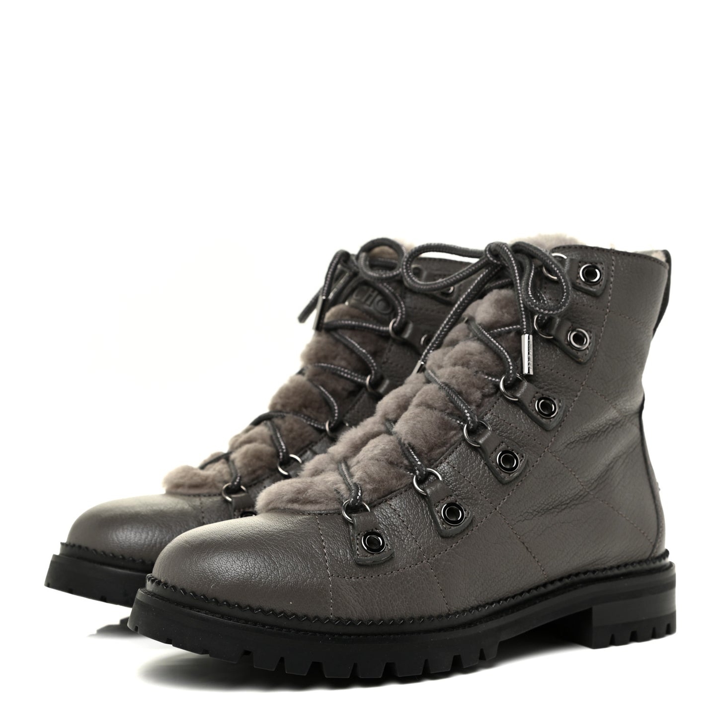 Grainy Calfskin Shearling Hillary Flat Boots 38.5 Dark Grey