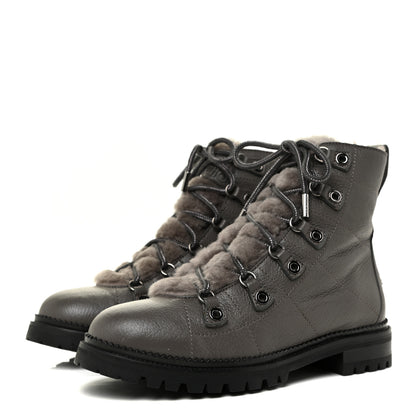 Jimmy Choo Grainy Calfskin Shearling Hillary Flat Boots 38.5 Dark Grey 3 of 9