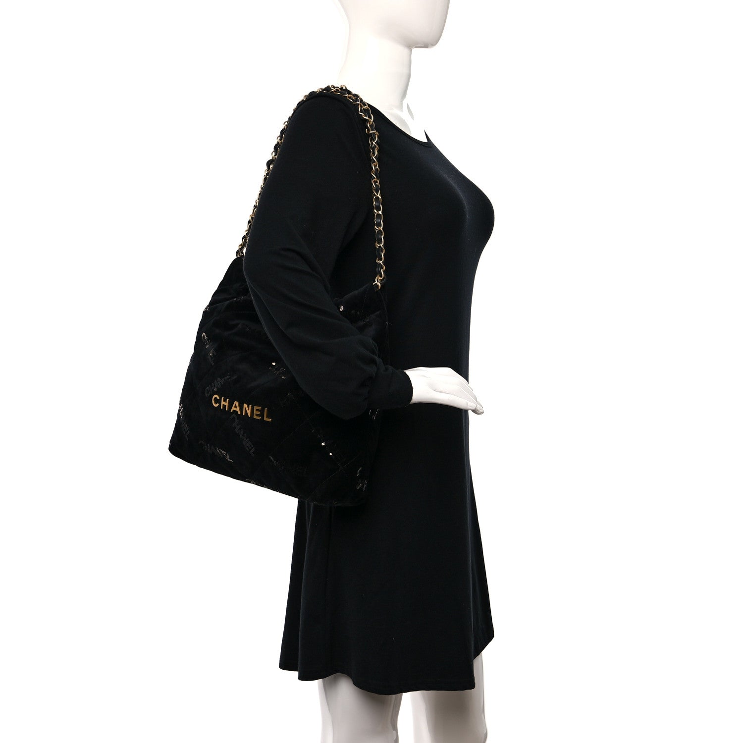 Chanel Velvet Sequin Quilted Small Chanel 22 Black 2 of 15