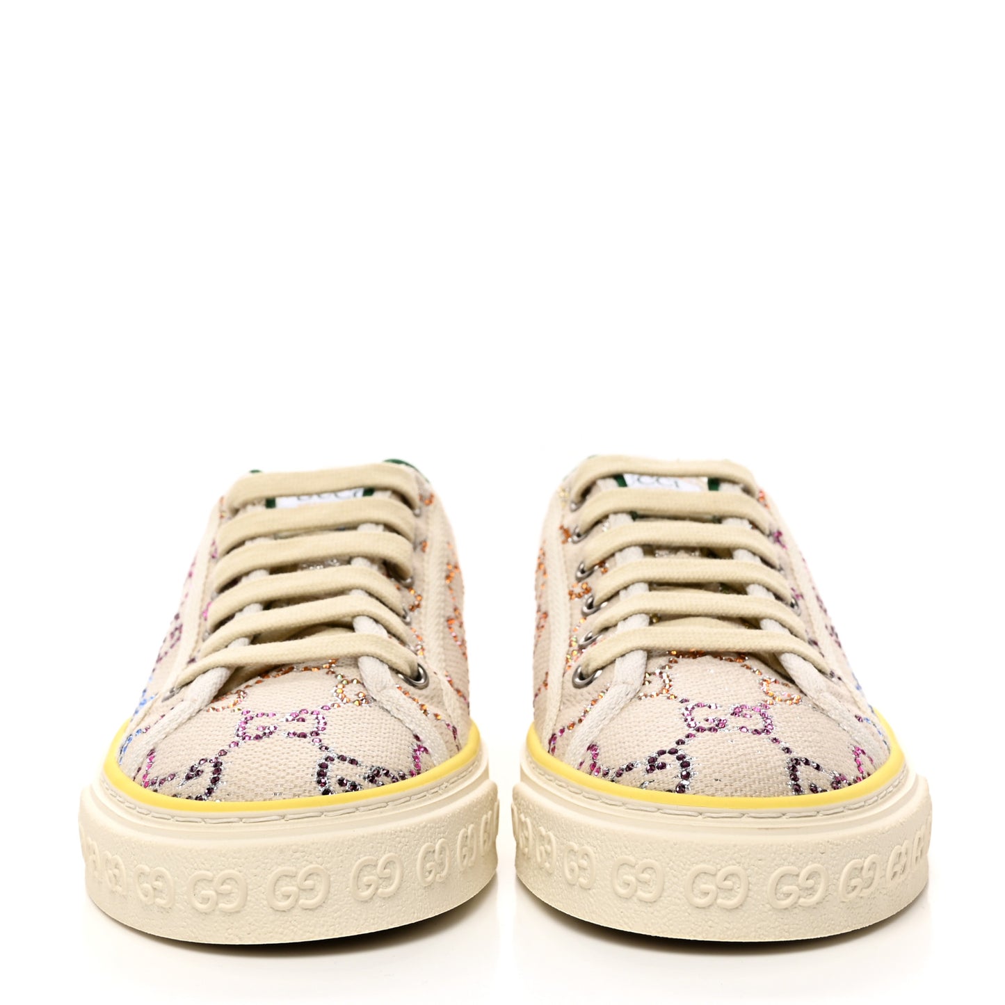 Canvas Lame Crystal GG Monogram Womens 1977 Tennis Sneakers 37 Gardenia Silver Mystic White