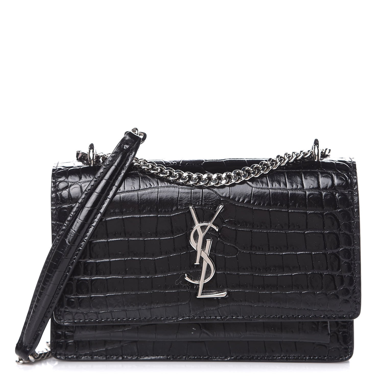 Saint Laurent Calfskin Crocodile Embossed Monogram Sunset Chain Wallet Black 1 of 10