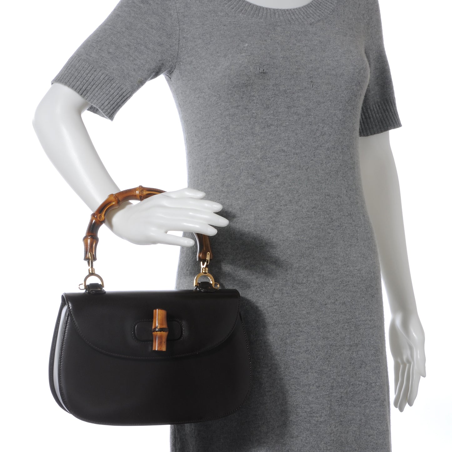 Leather Bamboo Top Handle Bag Black