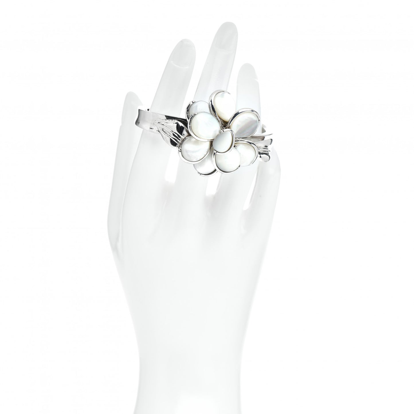 Sterling Silver Mother of Pearl Camellia Flower Cuff Bracelet