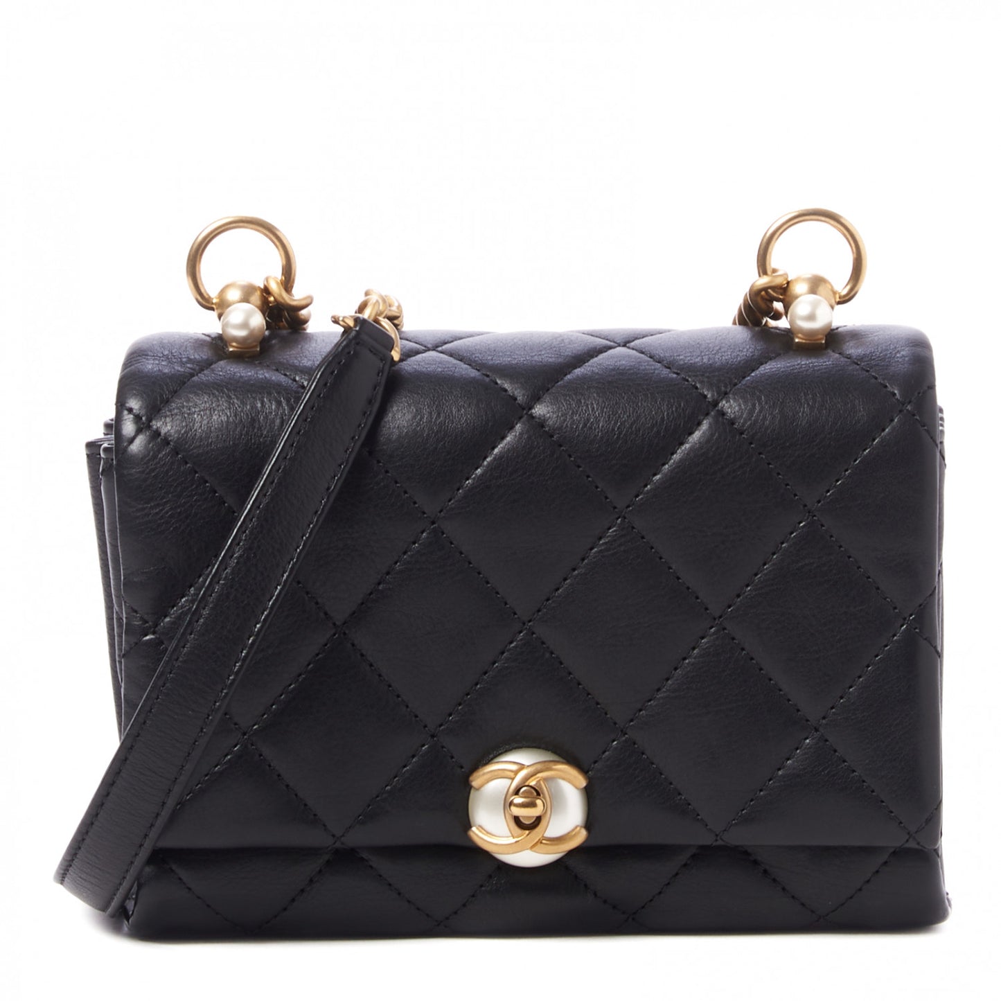 Calfskin Quilted Accordion Pearl CC Flap Bag Black