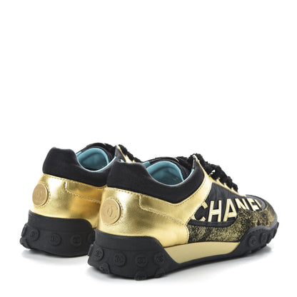 Chanel Metallic Lambskin Satin Finish Womens CC Sneakers 36 Black Gold 4 of 9