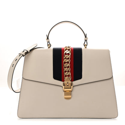 Gucci Calfskin Web Medium Sylvie Top Handle Bag White 1 of 12