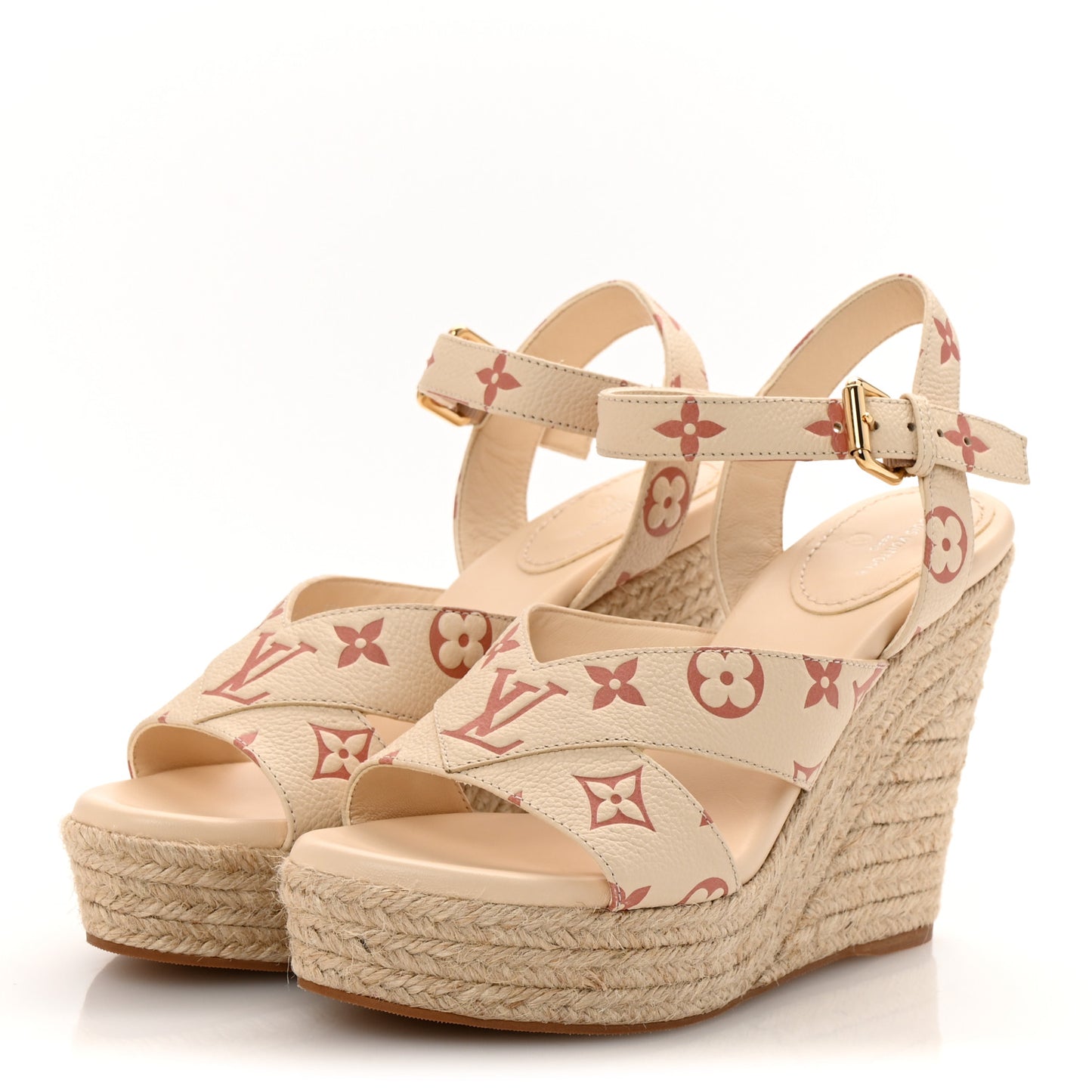Empreinte Monogram Starboard Espadrille Wedge Sandals 38.5 Creme Rose Trianon