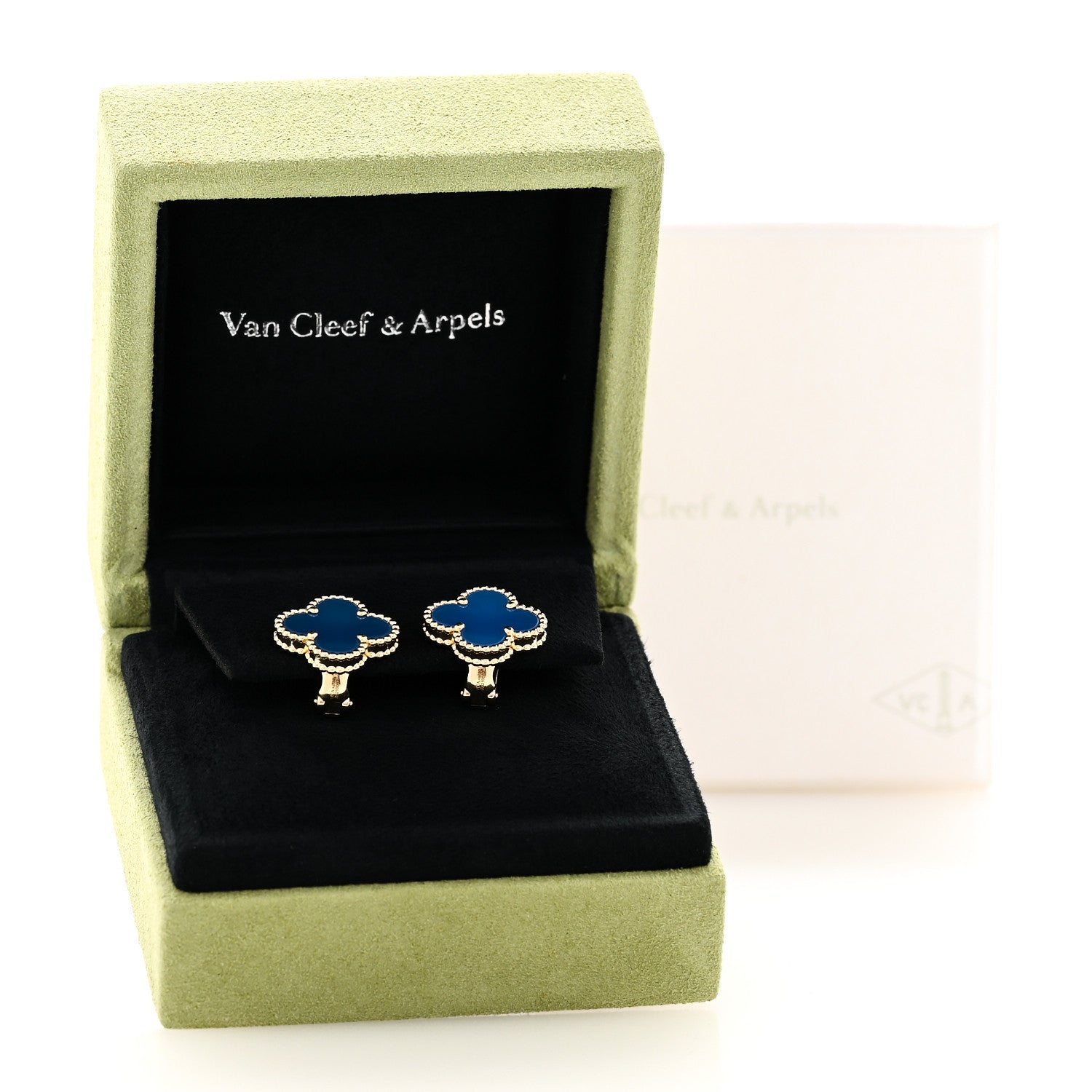 Van Cleef & Arpels 18K Yellow Gold Blue Agate Vintage Alhambra Earrings 5 of 5