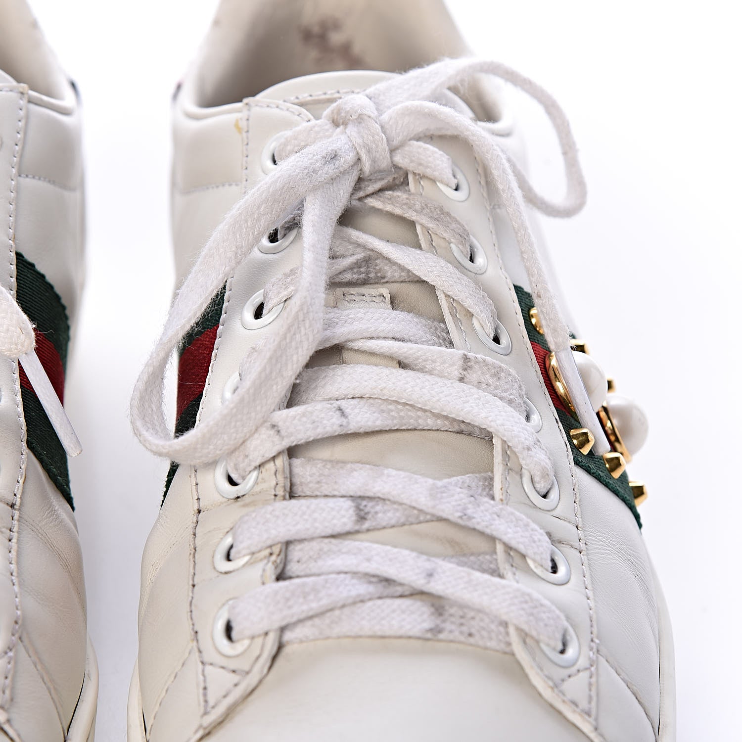 Gucci Calfskin Web Pearl Studded Womens Ace Sneakers 37.5 White 14 of 17
