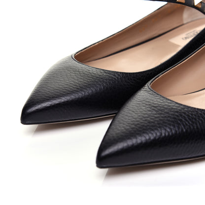 Valentino Garavani Pebbled Calfskin Rockstud Ankle Strap Ballerina Flats 38 Black 5 of 14