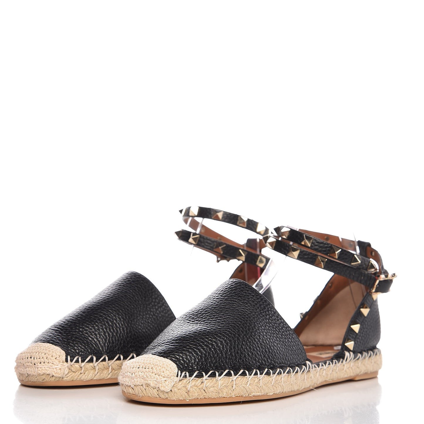 Grained Calfskin Rockstud Ankle Wrap Espadrille 20mm Flats 41 Black Light Cuir Natural