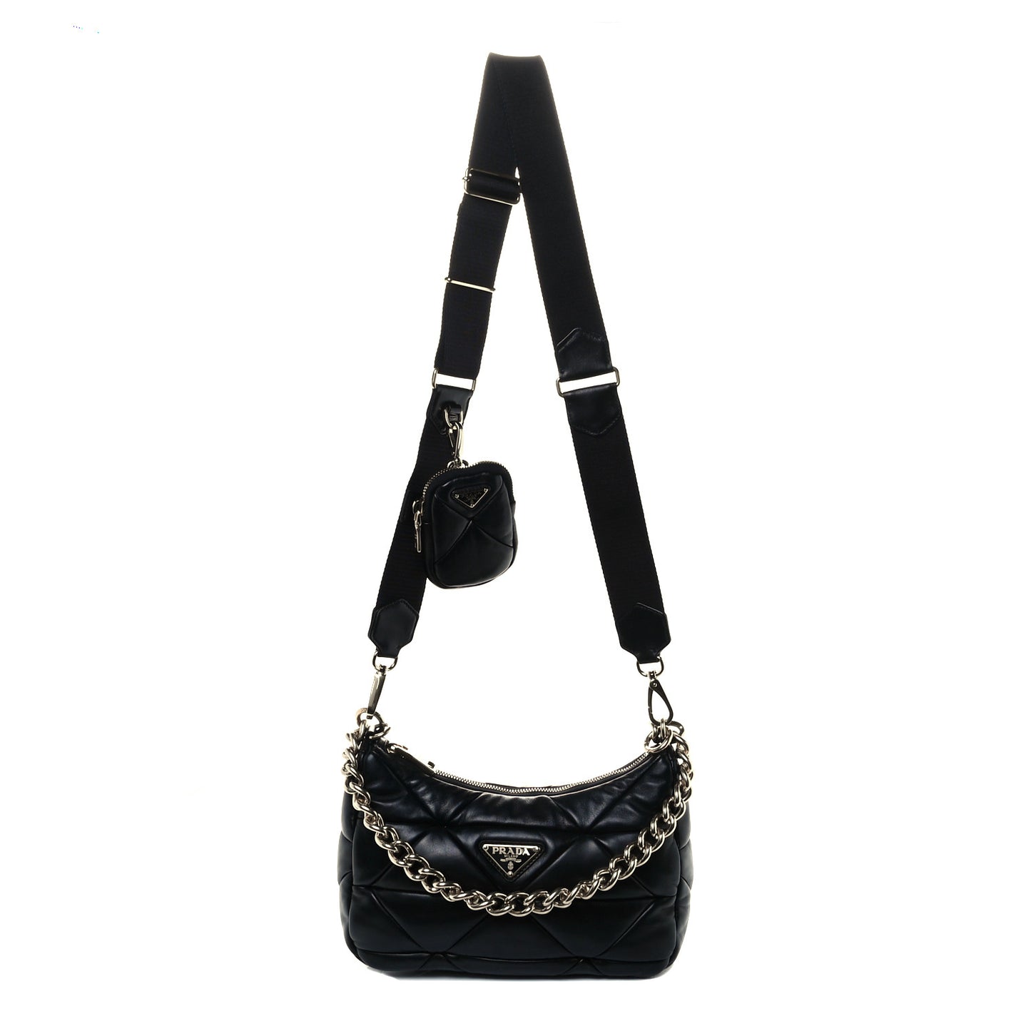 Nappa Re-Nylon Triangle Quilted Patchwork System Shoulder Bag Black