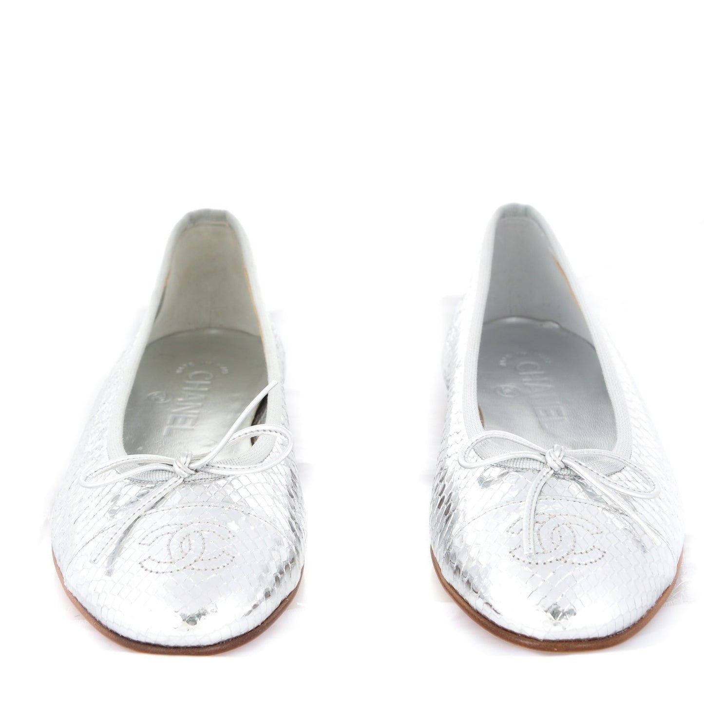 Mirror Effect Python Cap Toe CC Ballerina Flats 37 Silver
