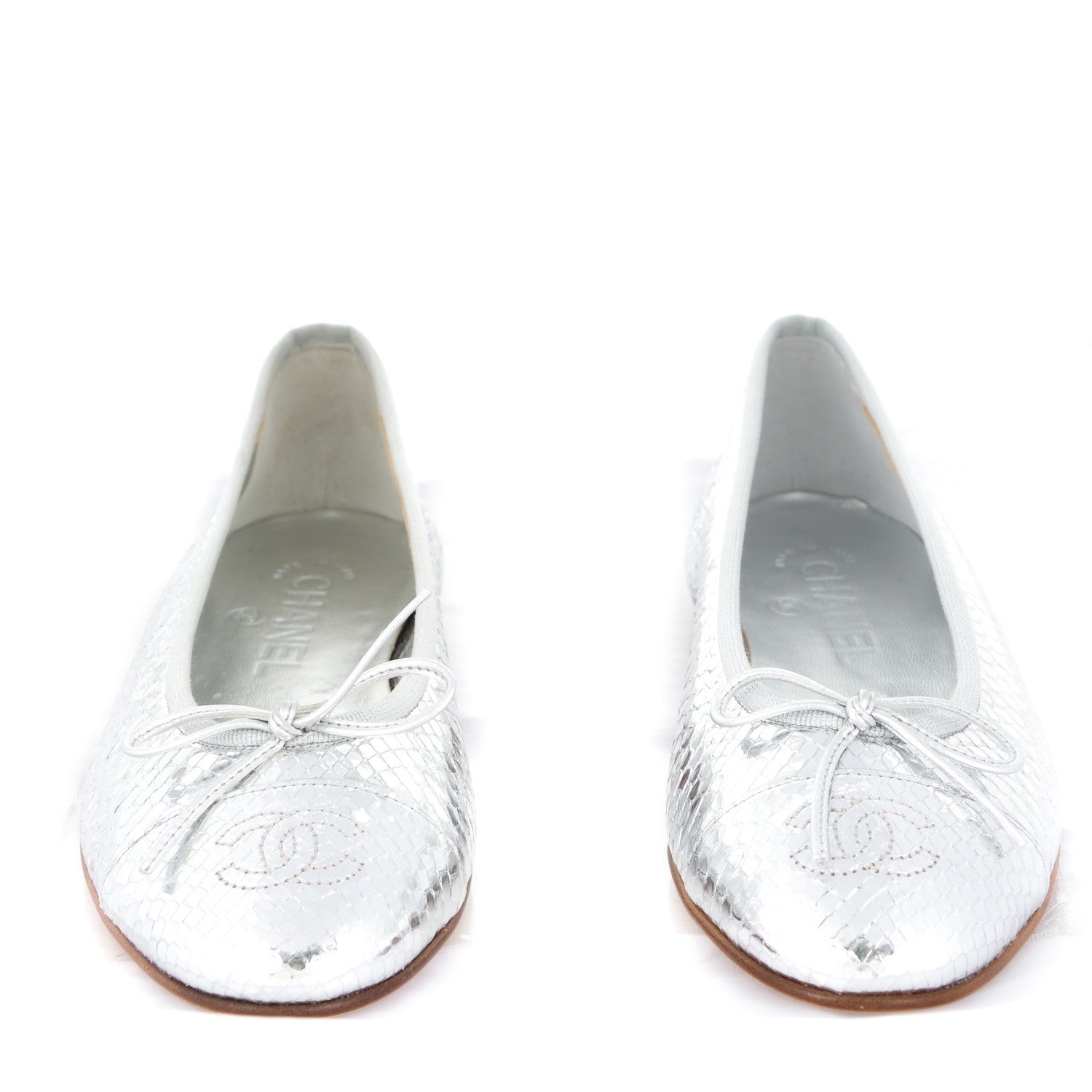 Chanel Mirror Effect Python Cap Toe CC Ballerina Flats 37 Silver 2 of 7
