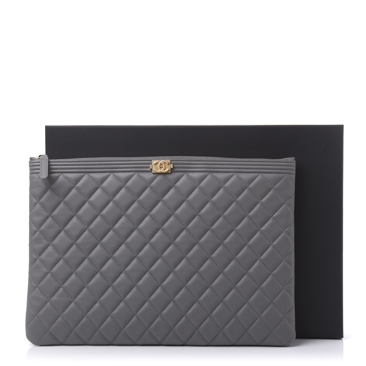 Chanel Lambskin Quilted Large Boy Zip Pouch Grey 11 of 11