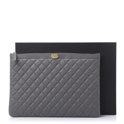 Chanel Lambskin Quilted Large Boy Zip Pouch Grey 11 of 11