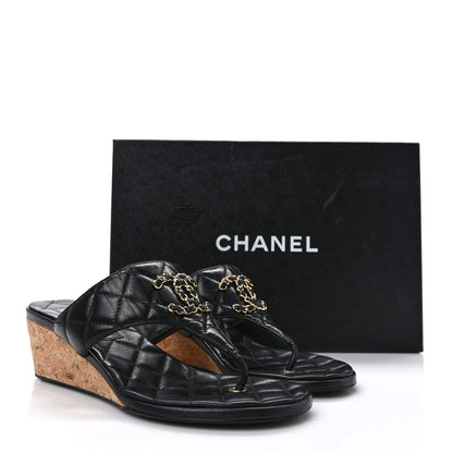 Chanel Goatskin Cork CC Wedge Sandals 36 Black 9 of 9