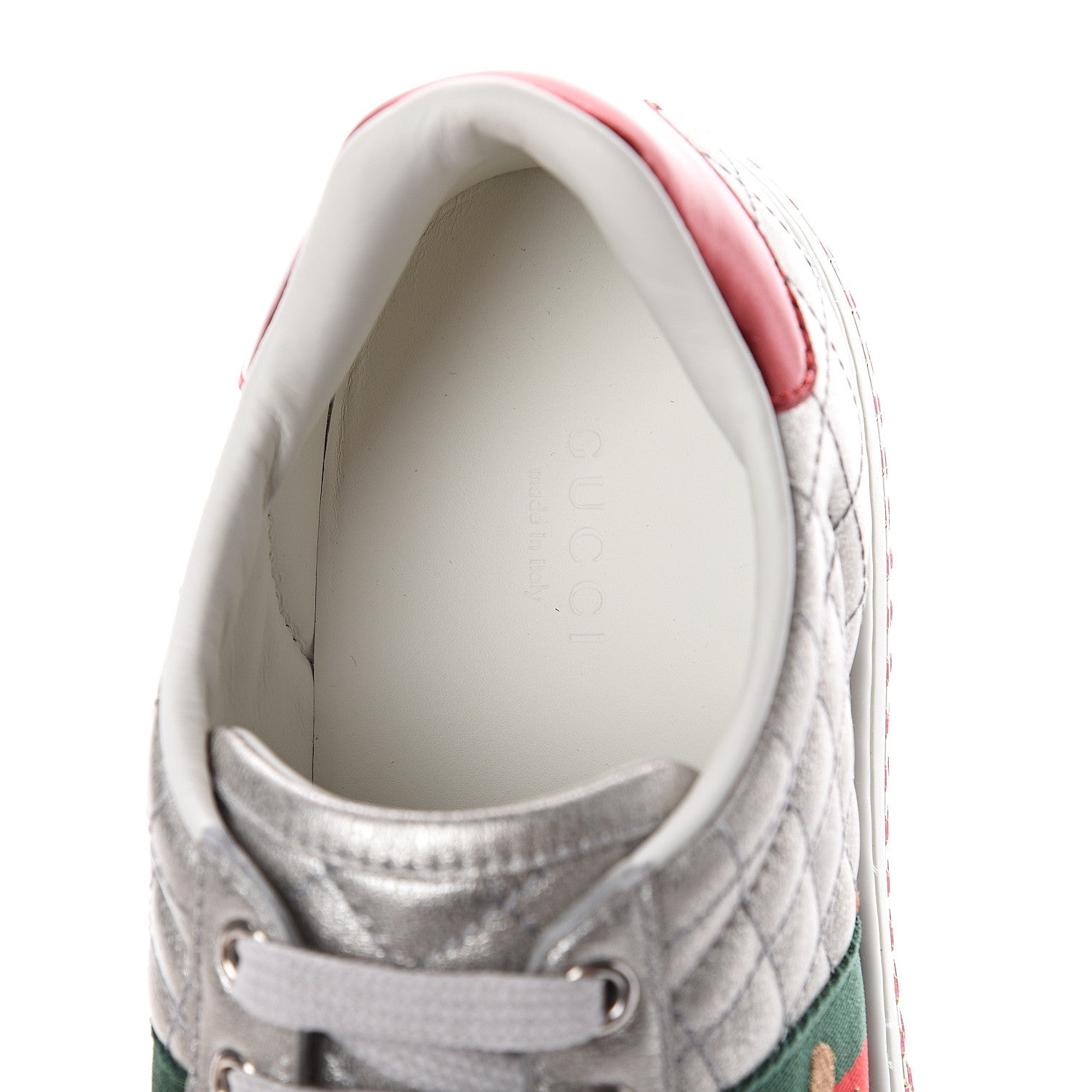 Gucci Laminated Nappa Crystal Web Bee Embroidered Trapuntata Womens Ace Platform Sneakers 38 Argento 5 of 7