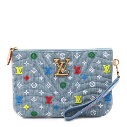 Louis Vuitton Embroidered Monogram Denim New Wave Zipped Pochette Blue 1 of 9
