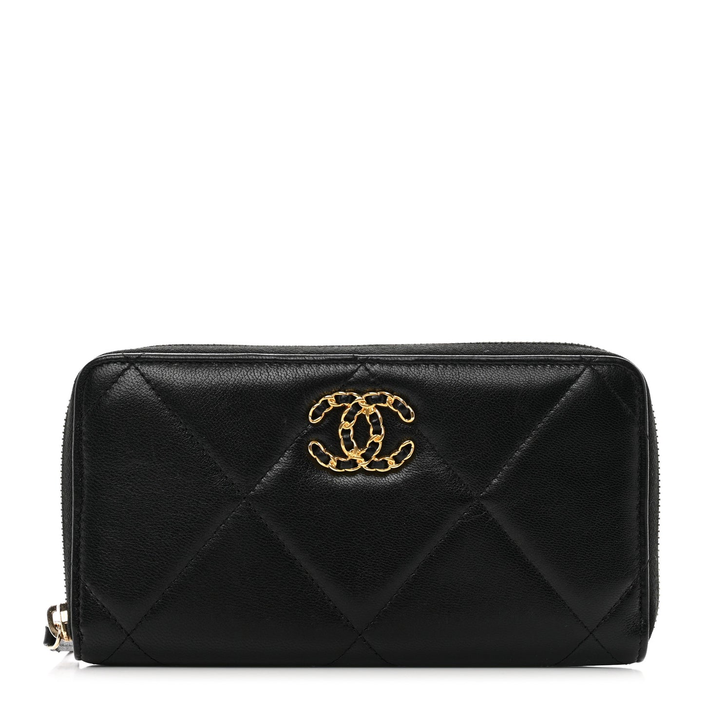 Shiny Goatskin Quilted Chanel 19 Long Zipped Around Wallet Black