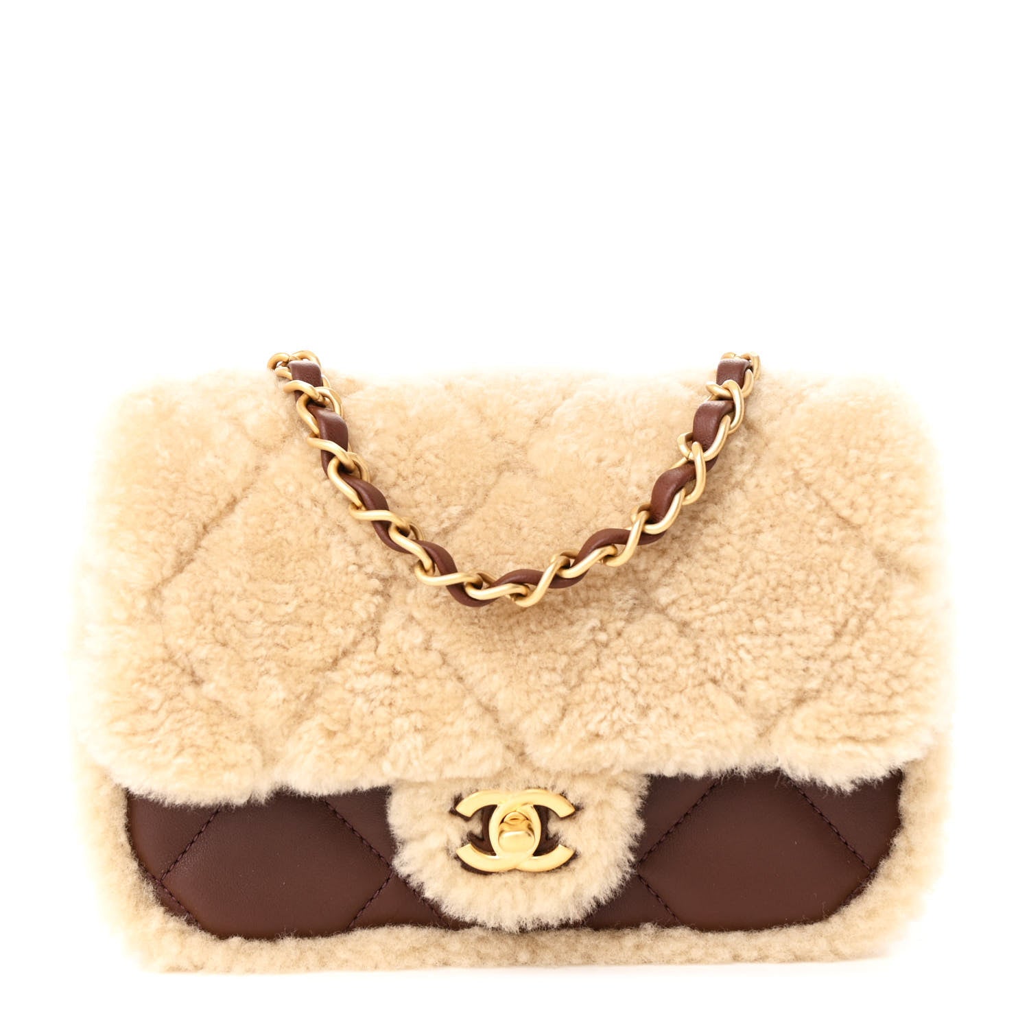 Chanel Shearling Lambskin Quilted Mini Furry Coco Flap Beige Dark Brown 1 of 11