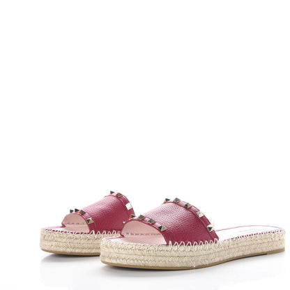 Valentino Garavani Grained Calfskin Rockstud Espadrille Flat Slide Sandals 41 Red 3 of 10