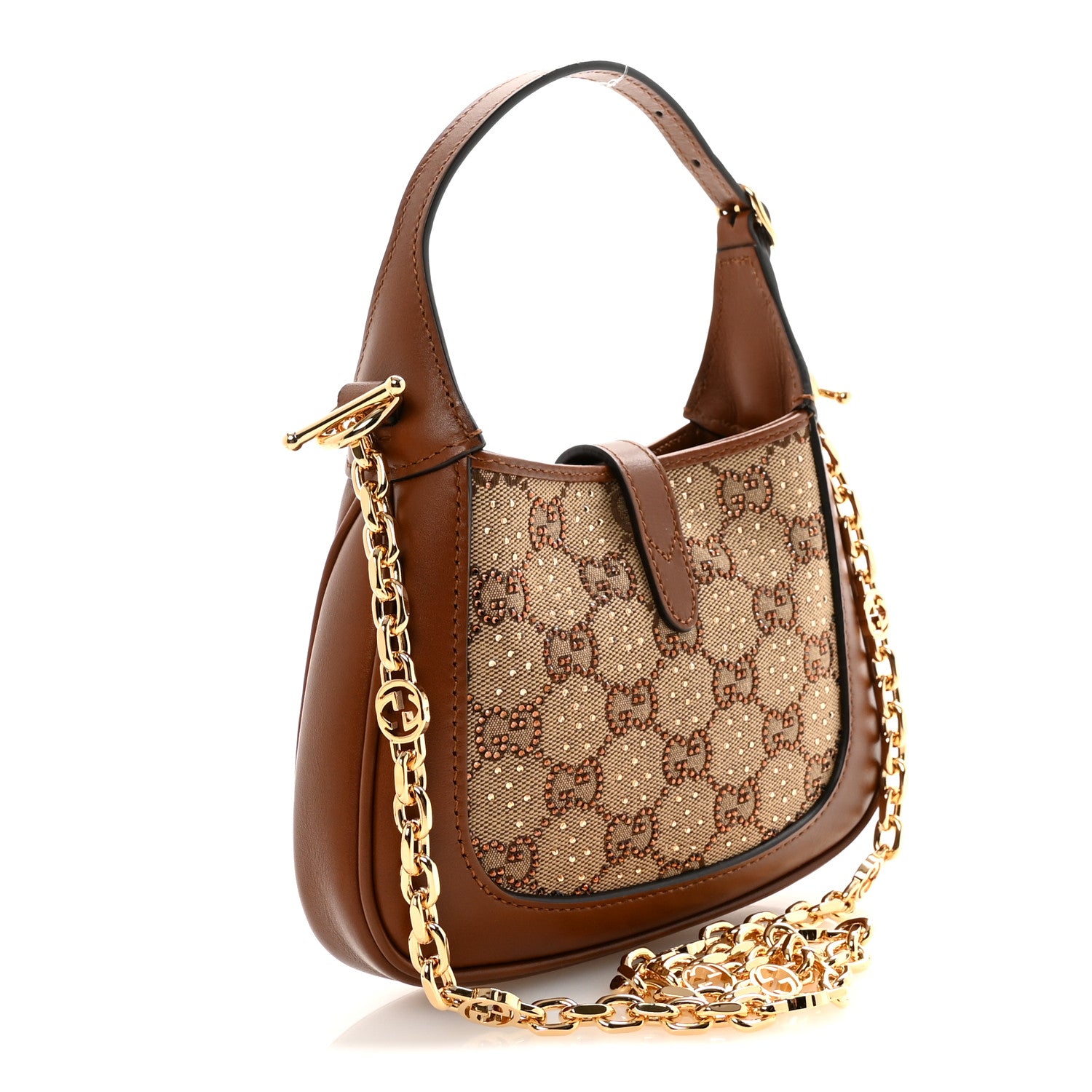 Gucci New Canvas Charisma Calfskin Crystal GG Monogram Mini Jackie 1961 Hobo Camel Ebony 3 of 9
