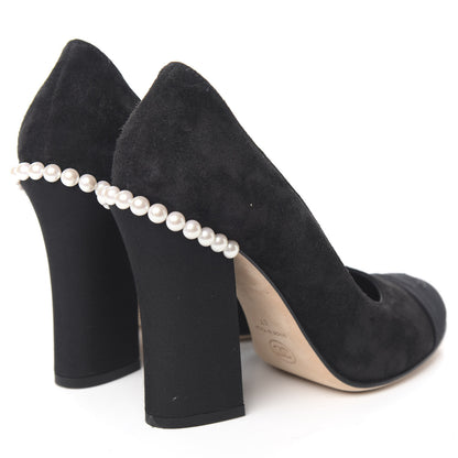 Chanel Suede Grosgrain Pearl CC Cap Toe Pump 37 Black 4 of 11