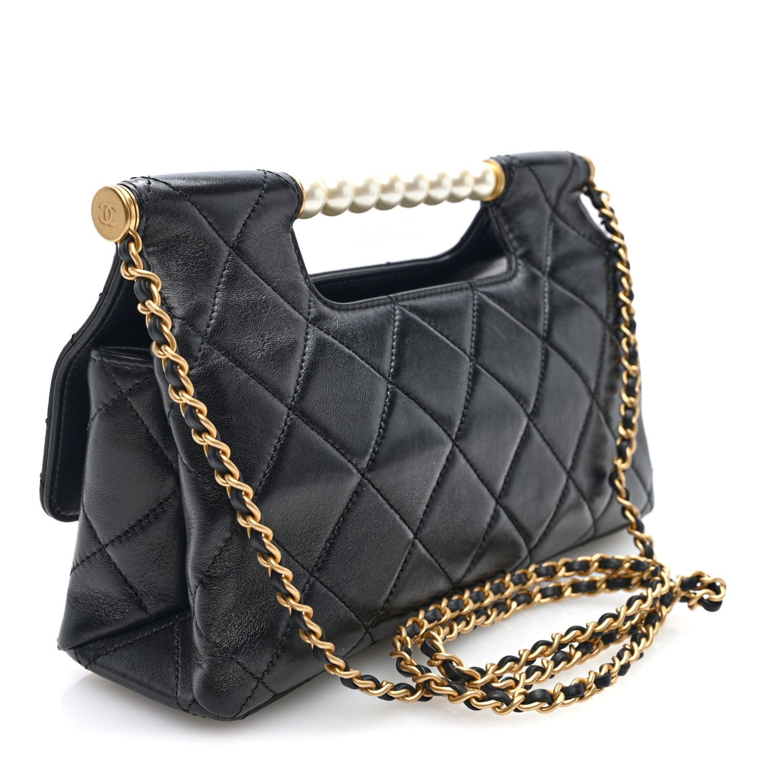 Chanel Shiny Lambskin Pearl Top Handle Flap Shopping Bag Black
