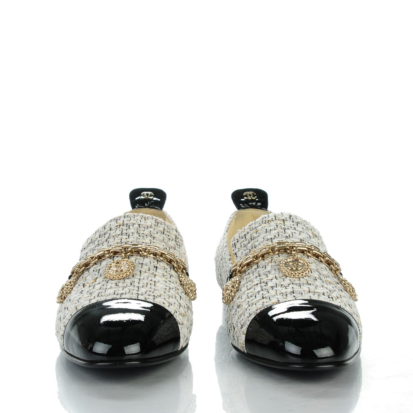 Tweed Patent Cap Toe CC Charm Loafers 37 Ecru Black Gold