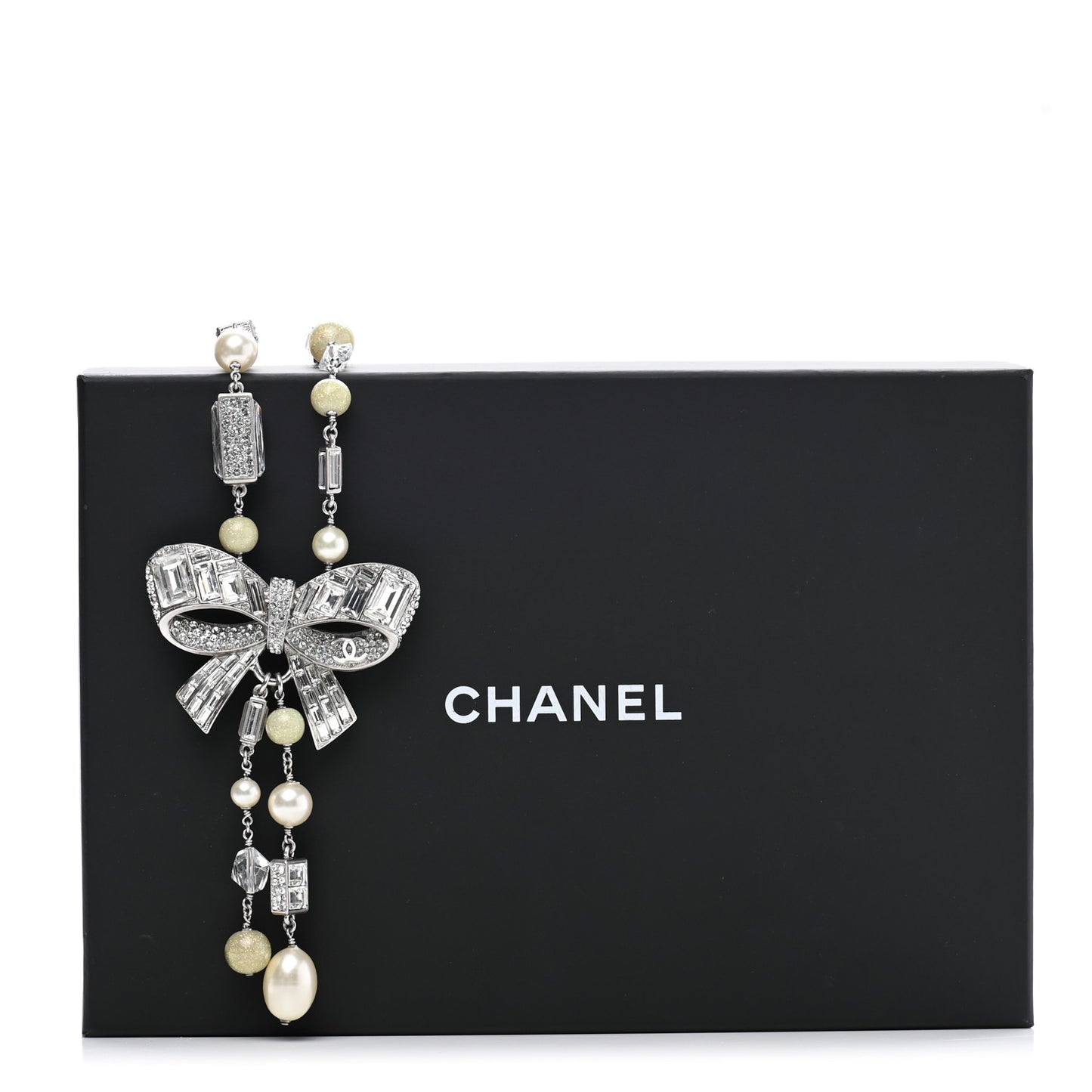 Crystal Baguette Pearl Bow Necklace Silver