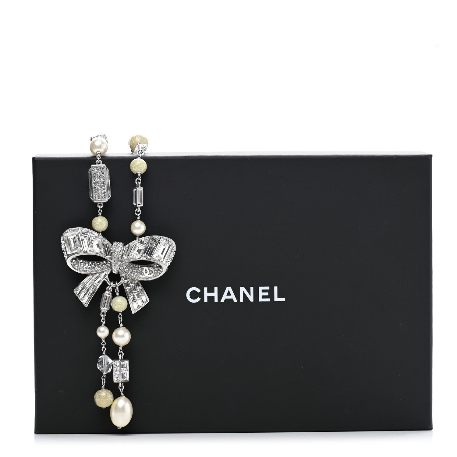 Chanel Crystal Baguette Pearl Bow Necklace Silver 8 of 8