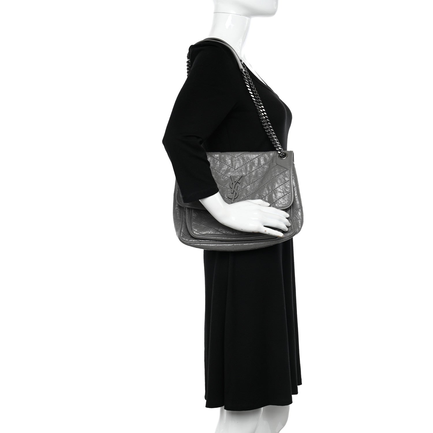 Saint Laurent Crinkled Calfskin Matelasse Monogram Medium Niki Chain Satchel Fog 2 of 11