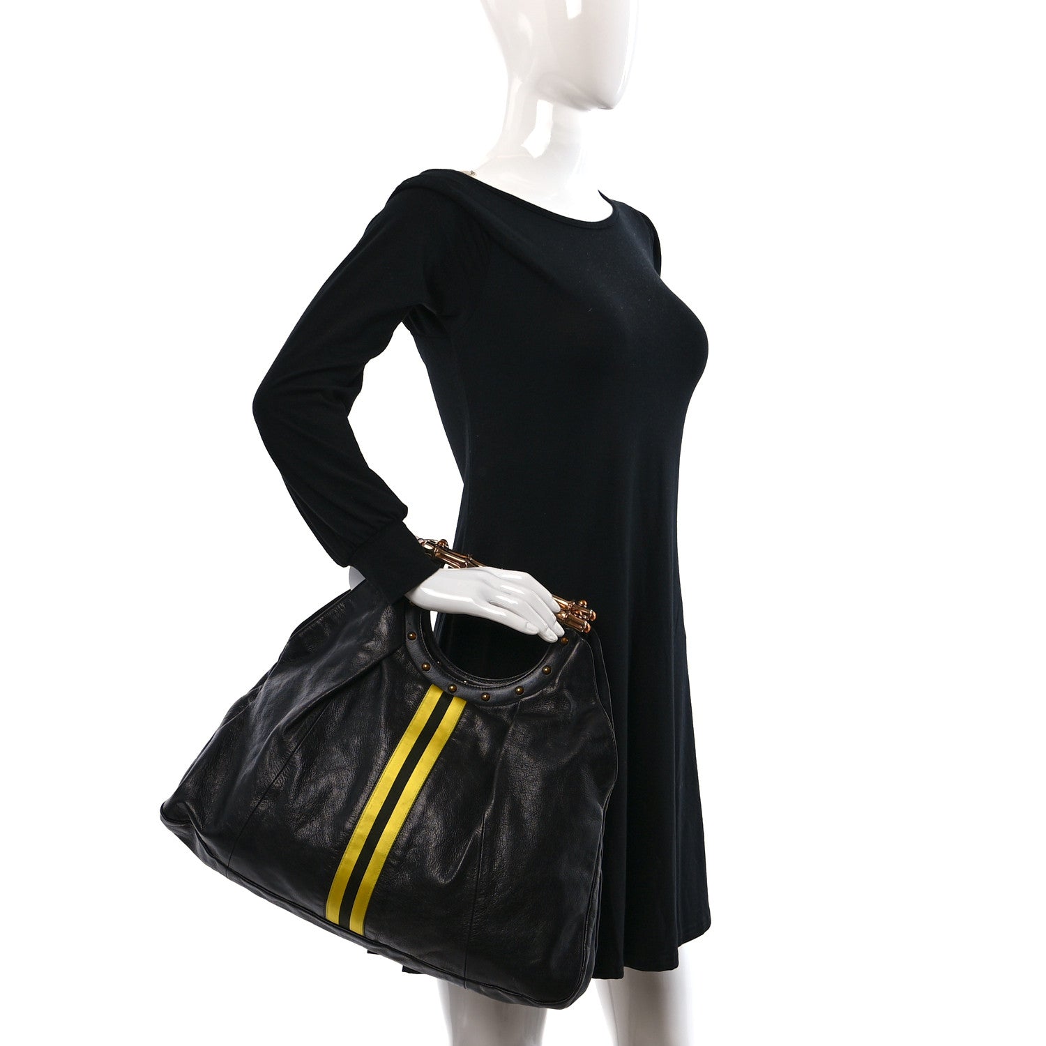 Gucci Calfskin Web Metal Bamboo Tote Black 2 of 9
