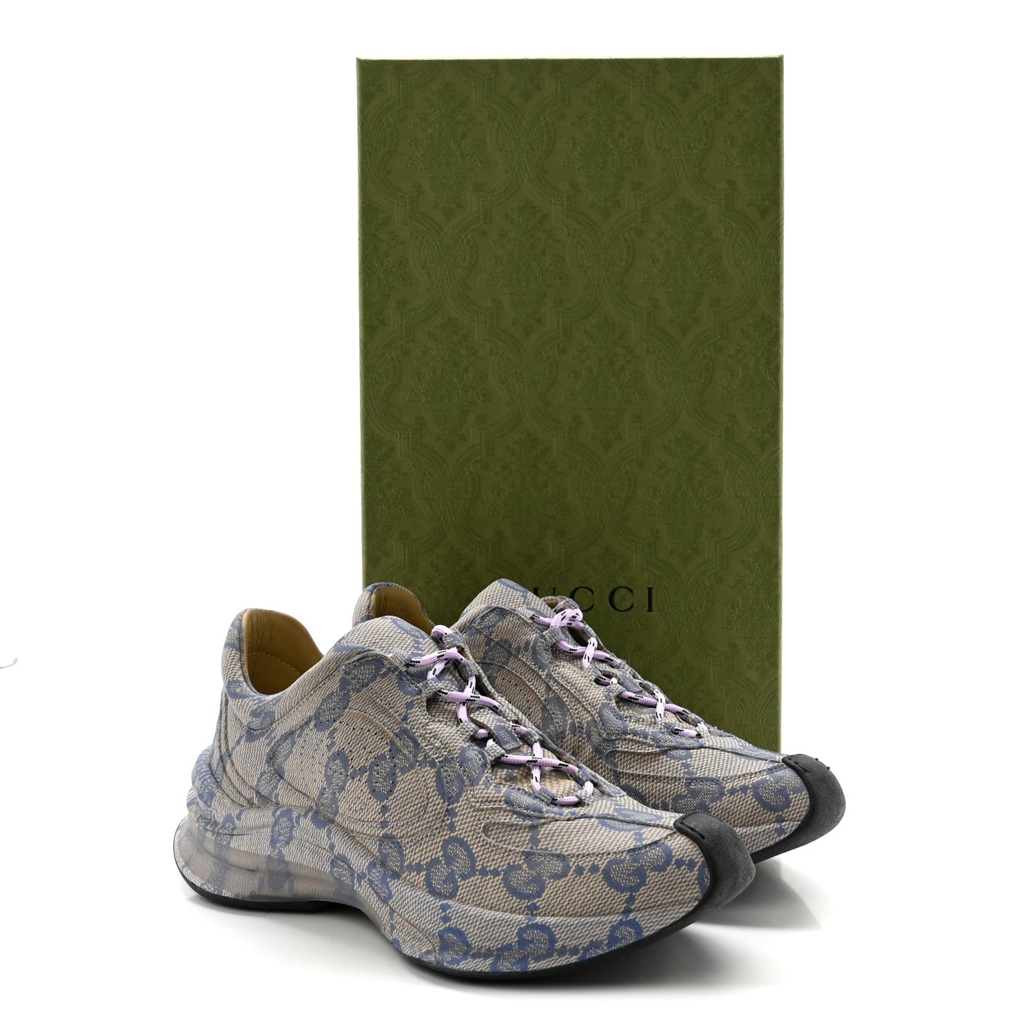 Gucci Ultralight Plume Calfskin Monogram Printed Womens Gucci Run Sneakers 37.5 Beige Blue 10 of 10