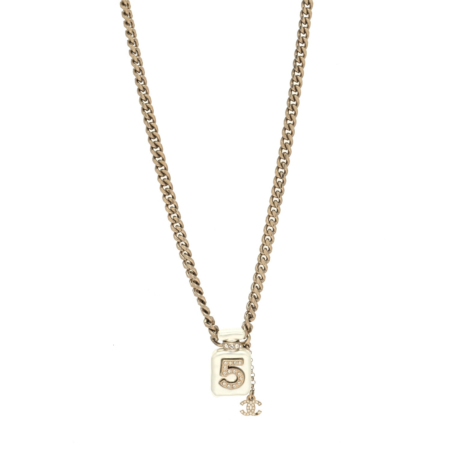 Chanel Crystal Pearl CC No. 5 Perfume Bottle Necklace White Gold 1 of 6