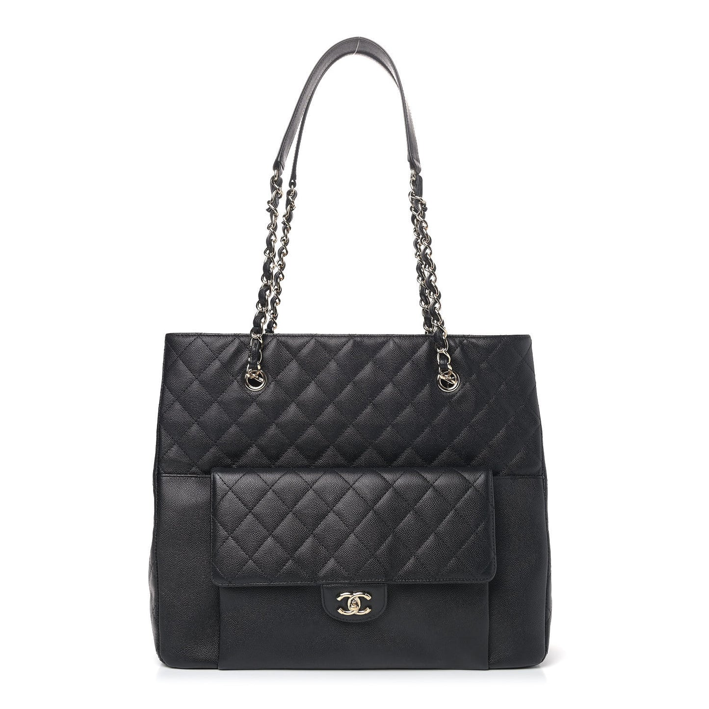 Caviar Quilted Large Flap Shopping Tote Black