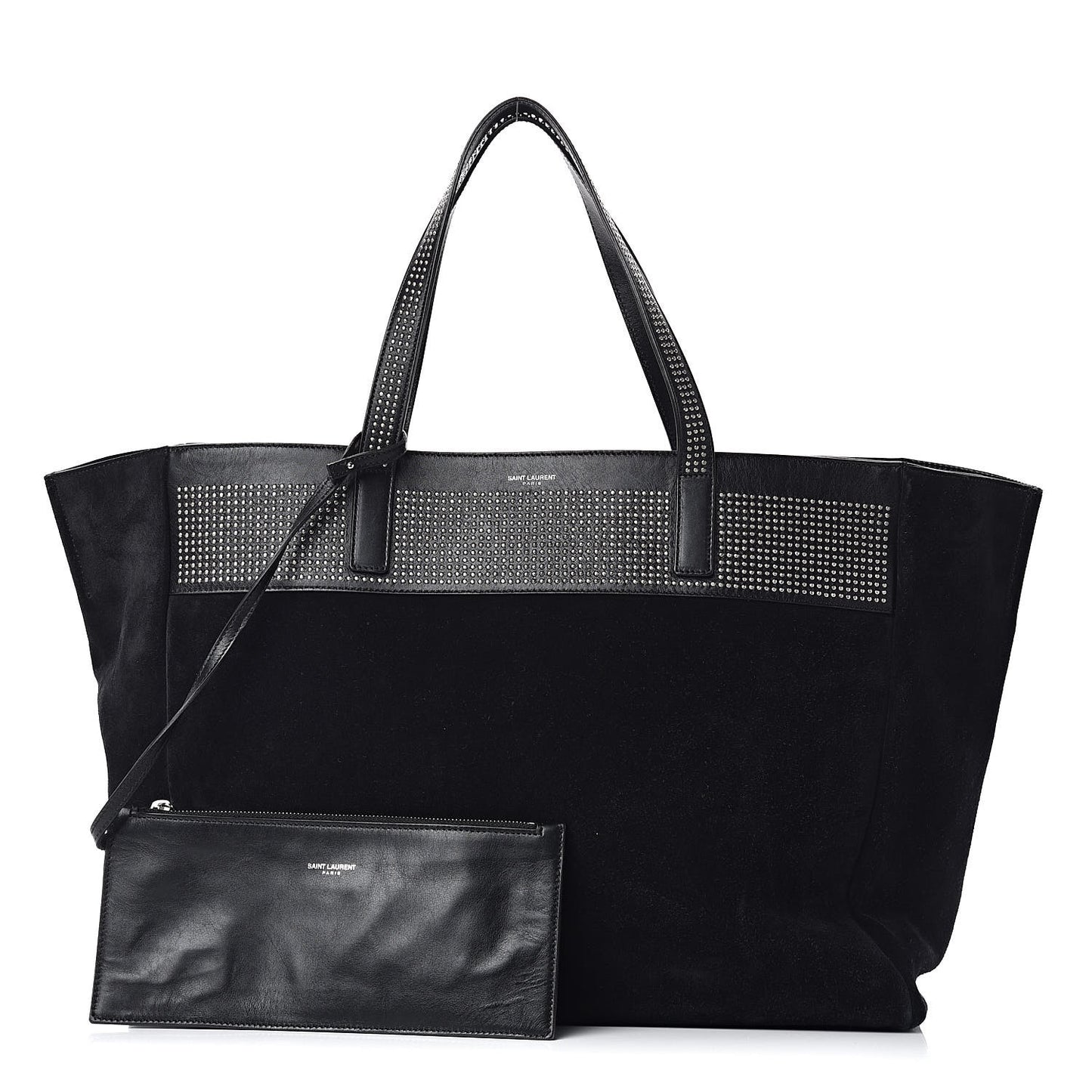 Calfskin Suede Studded Reversible East West Shopping Tote Black