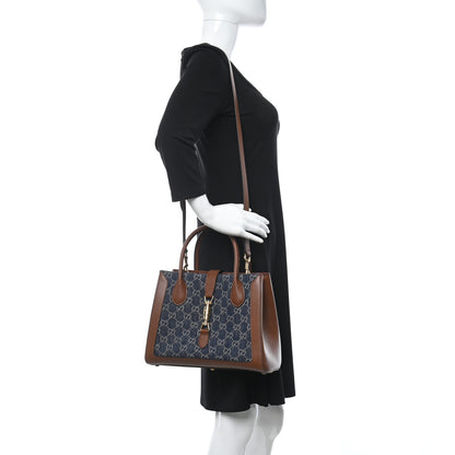 Gucci New Denim GG Monogram Dollar Calfskin Medium Jackie 1961 Tote Blue Tea Cuir Epilog 2 of 9