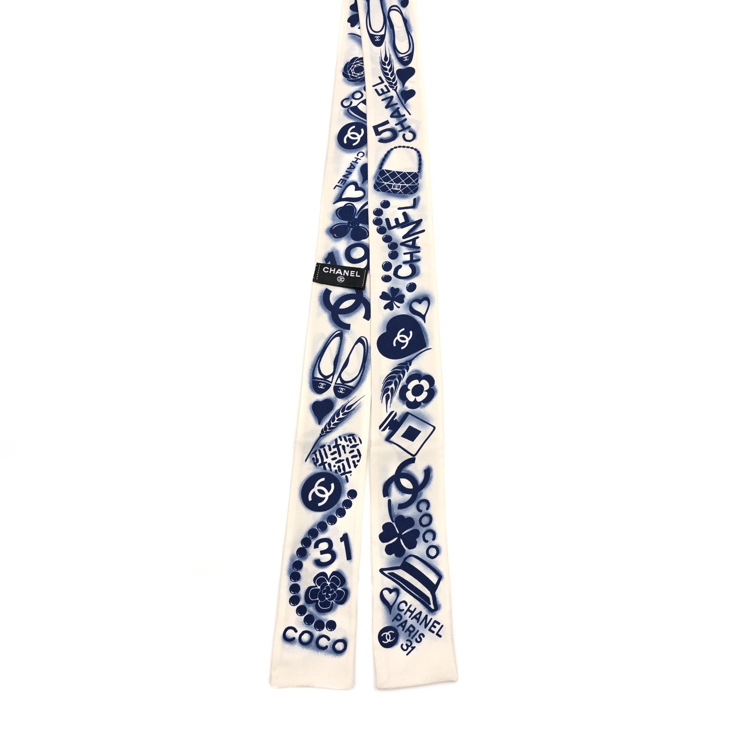 Chanel Silk CC Slim Bandeau Scarf White Blue 2 of 3