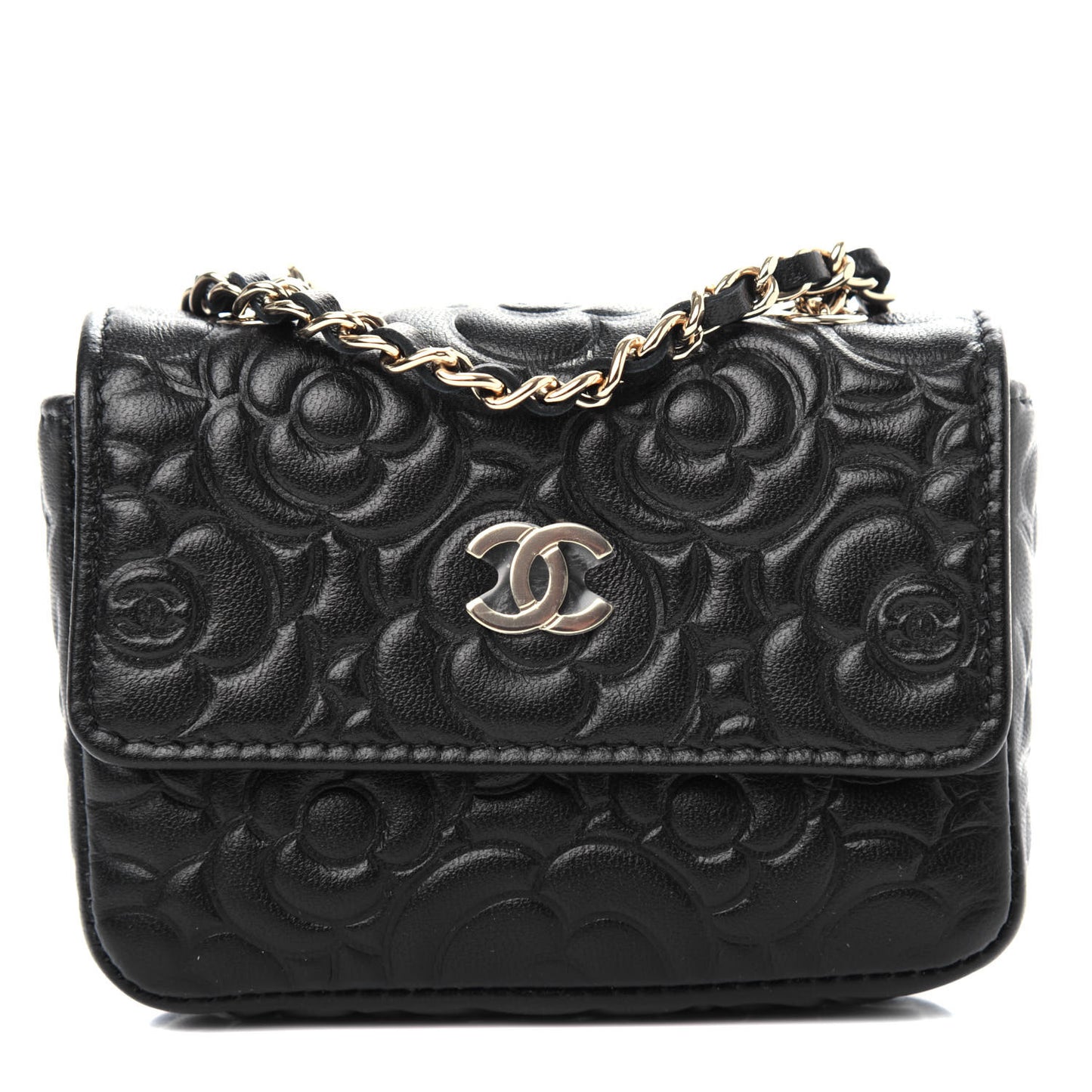 Lambskin Camellia Embossed Chain Belt Bag Black