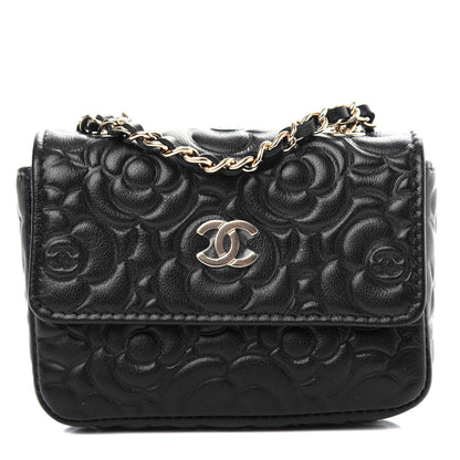 Chanel Lambskin Camellia Embossed Chain Belt Bag Black 1 of 8