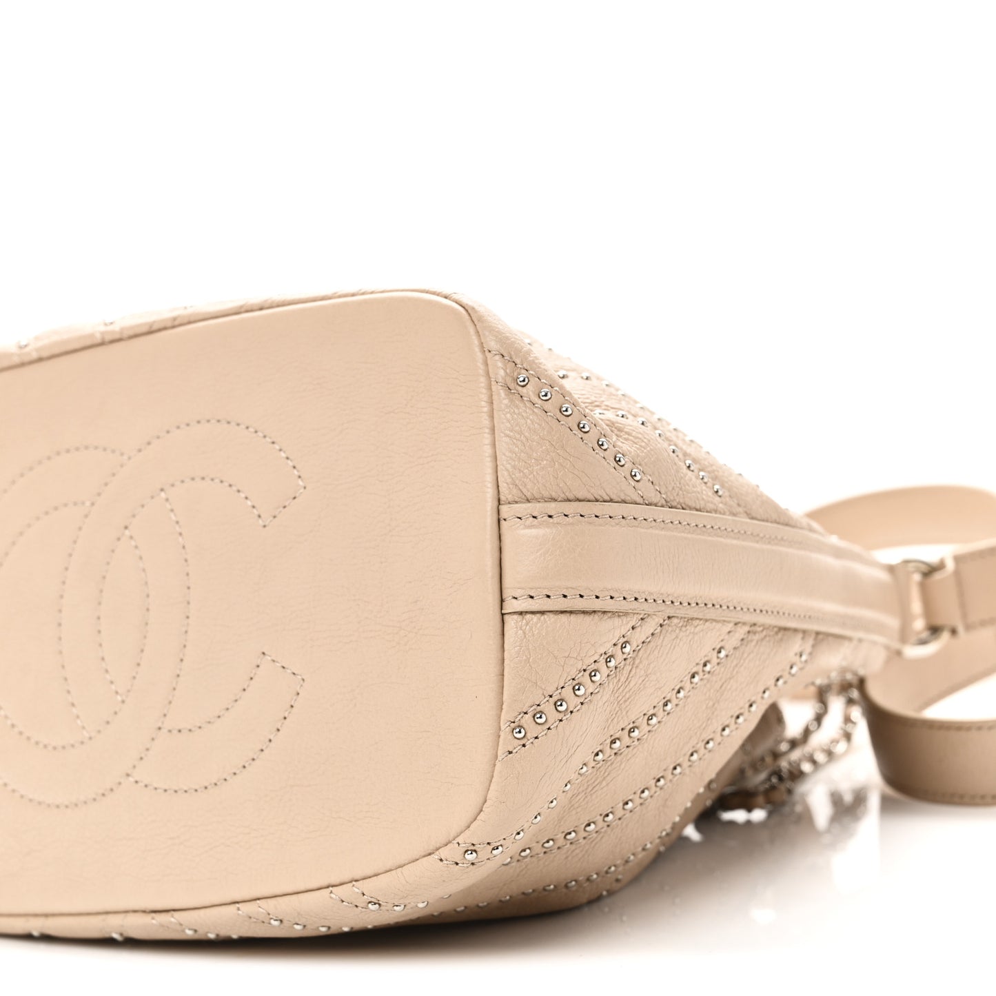 Calfskin Studded Chevron Quilted Small Stud Wars Drawstring Bag Beige