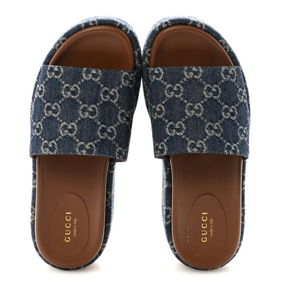 Gucci New Denim GG Monogram Angelina Platform 55mm Slide Sandals 37.5 Blue Tea 2 of 9