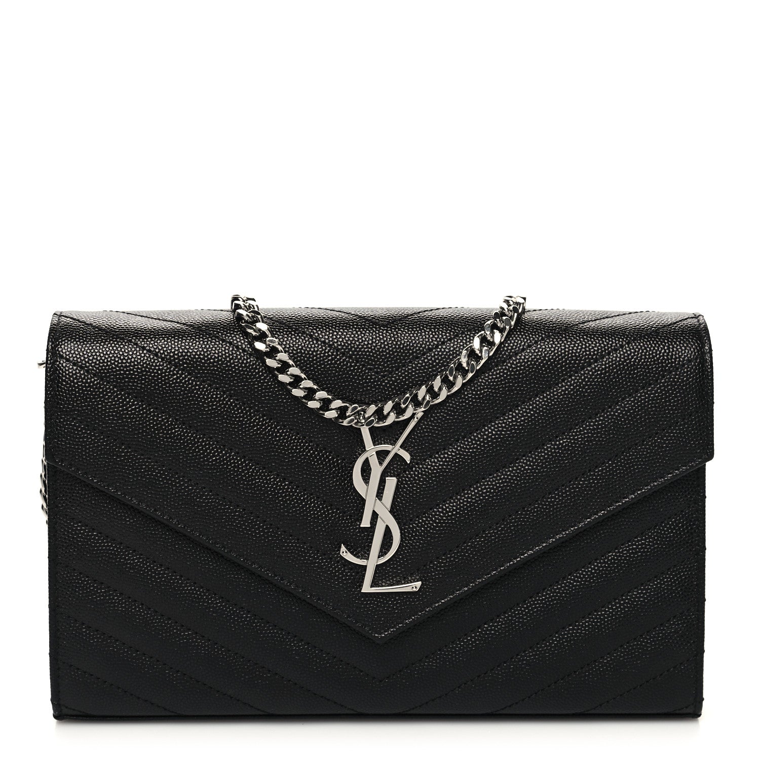 Saint Laurent Grain De Poudre Matelasse Chevron Monogram Chain Wallet Black 1 of 11