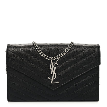 Saint Laurent Grain De Poudre Matelasse Chevron Monogram Chain Wallet Black 1 of 11