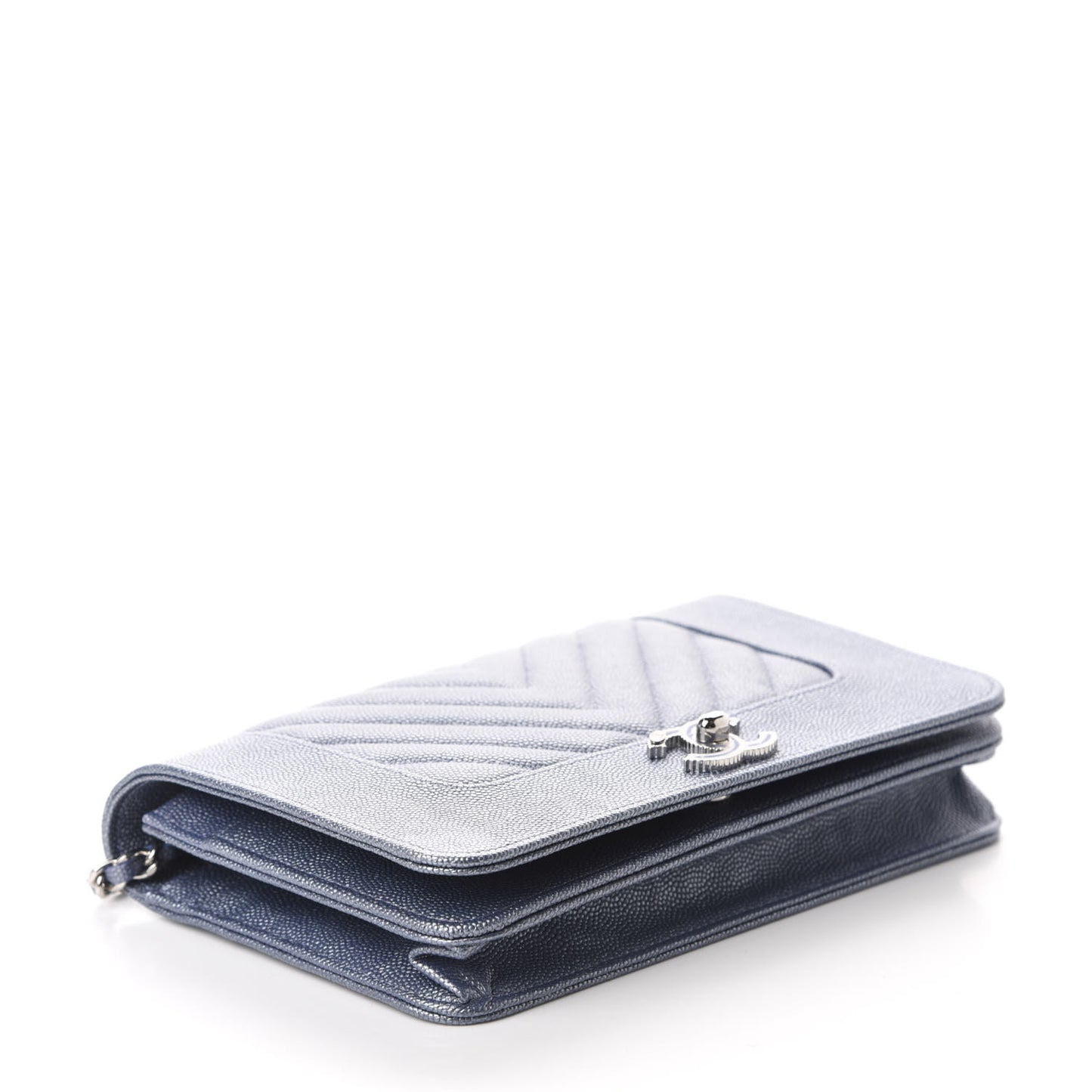Metallic Caviar Chevron Quilted Vintage Mademoiselle Wallet On Chain WOC Blue
