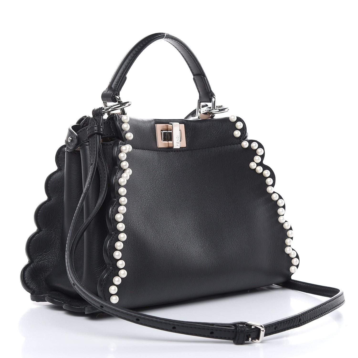 Fendi Calfskin Flowers and Bows Scalloped Mini Peekaboo Iconic Satchel Black Camelia 3 of 10