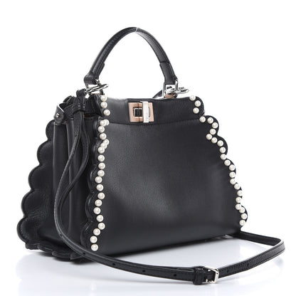 Fendi Calfskin Flowers and Bows Scalloped Mini Peekaboo Iconic Satchel Black Camelia 3 of 10