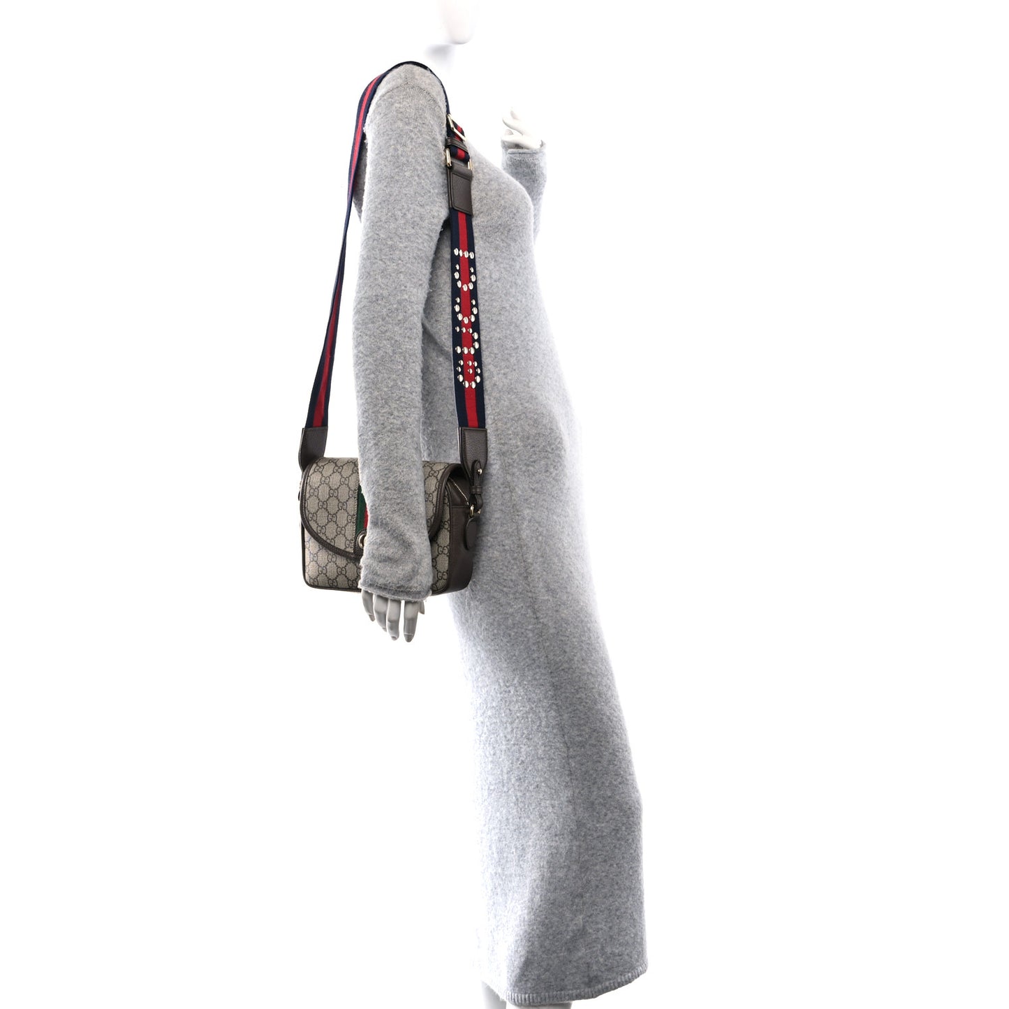 GG Supreme Monogram Textured Dollar Calfskin Web Studded Mini Ophidia Flap Shoulder Bag Beige Ebony New Acero